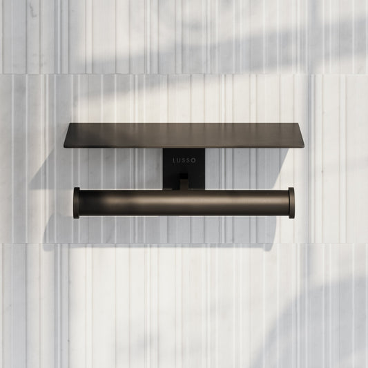 Deka Matte Black Double Toilet Roll Holder with Shelf