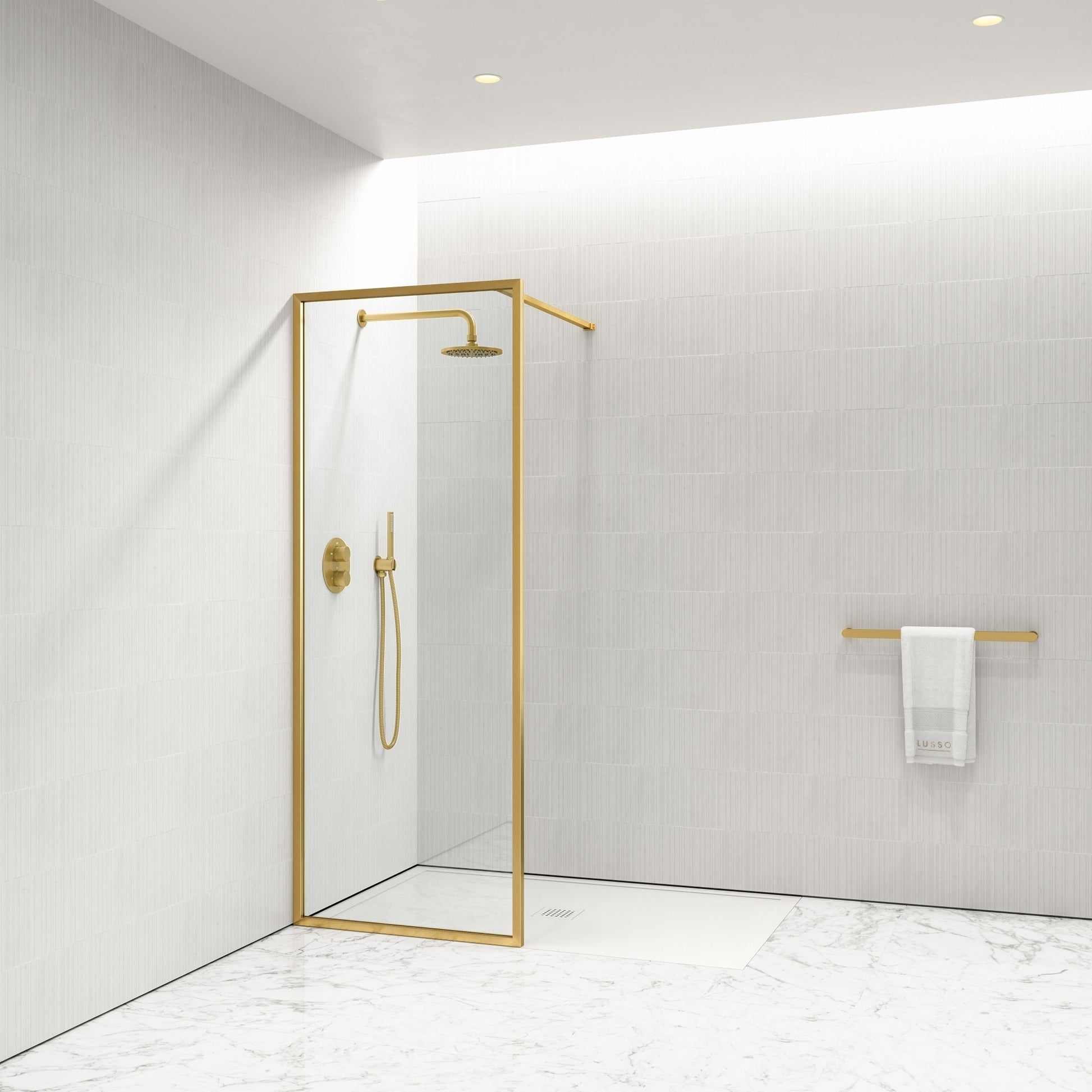 Designo Complete Walk In Shower Enclosure Brushed Gold - KIT A (ALL SIZES)