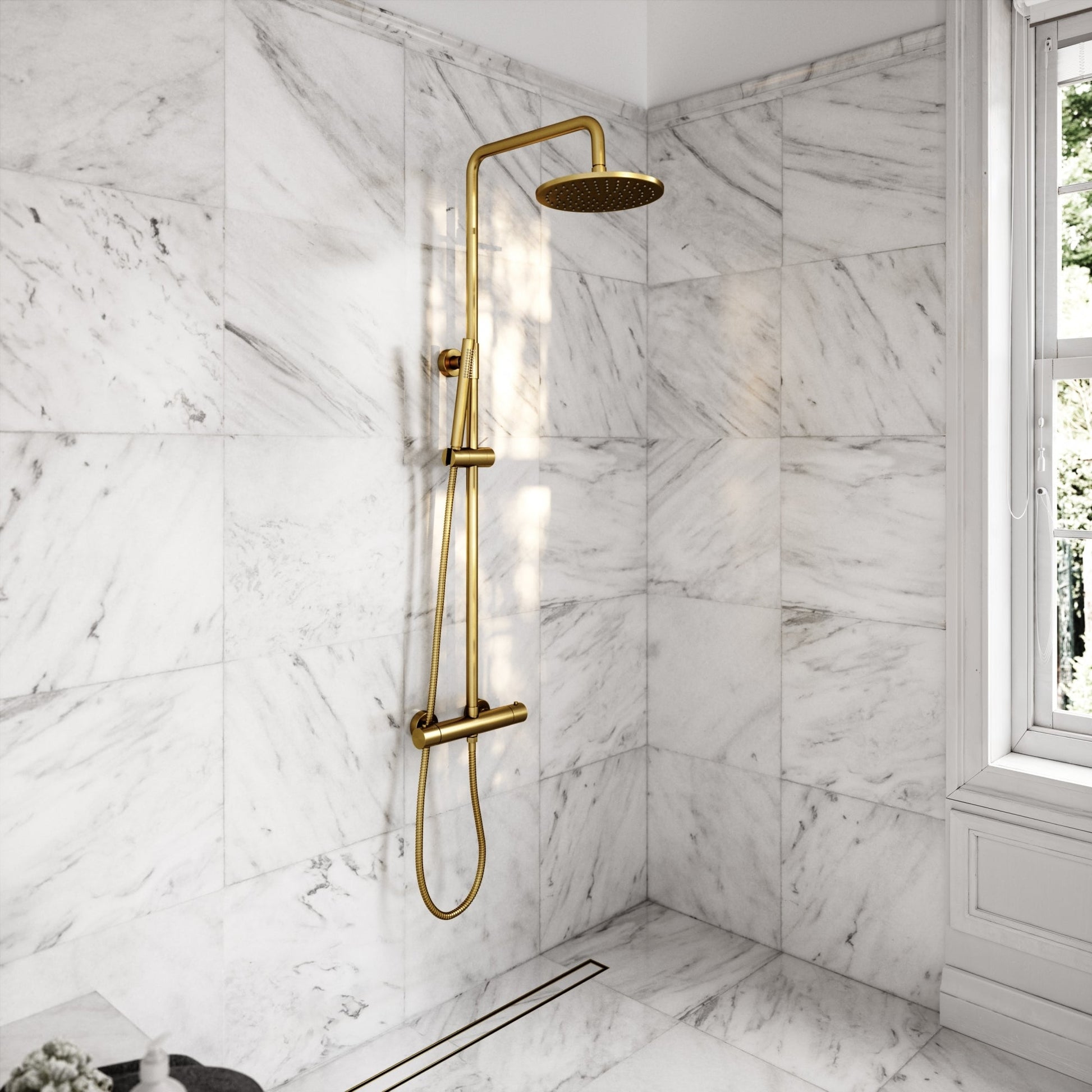 Elegance Brushed Gold Exposed Thermostatic Bar Shower with Riser