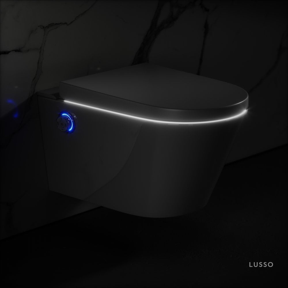 Intellismart Wall Hung Rimless Bidet Toilet with Concealed Cistern Frame and Rose Gold Flush Plate