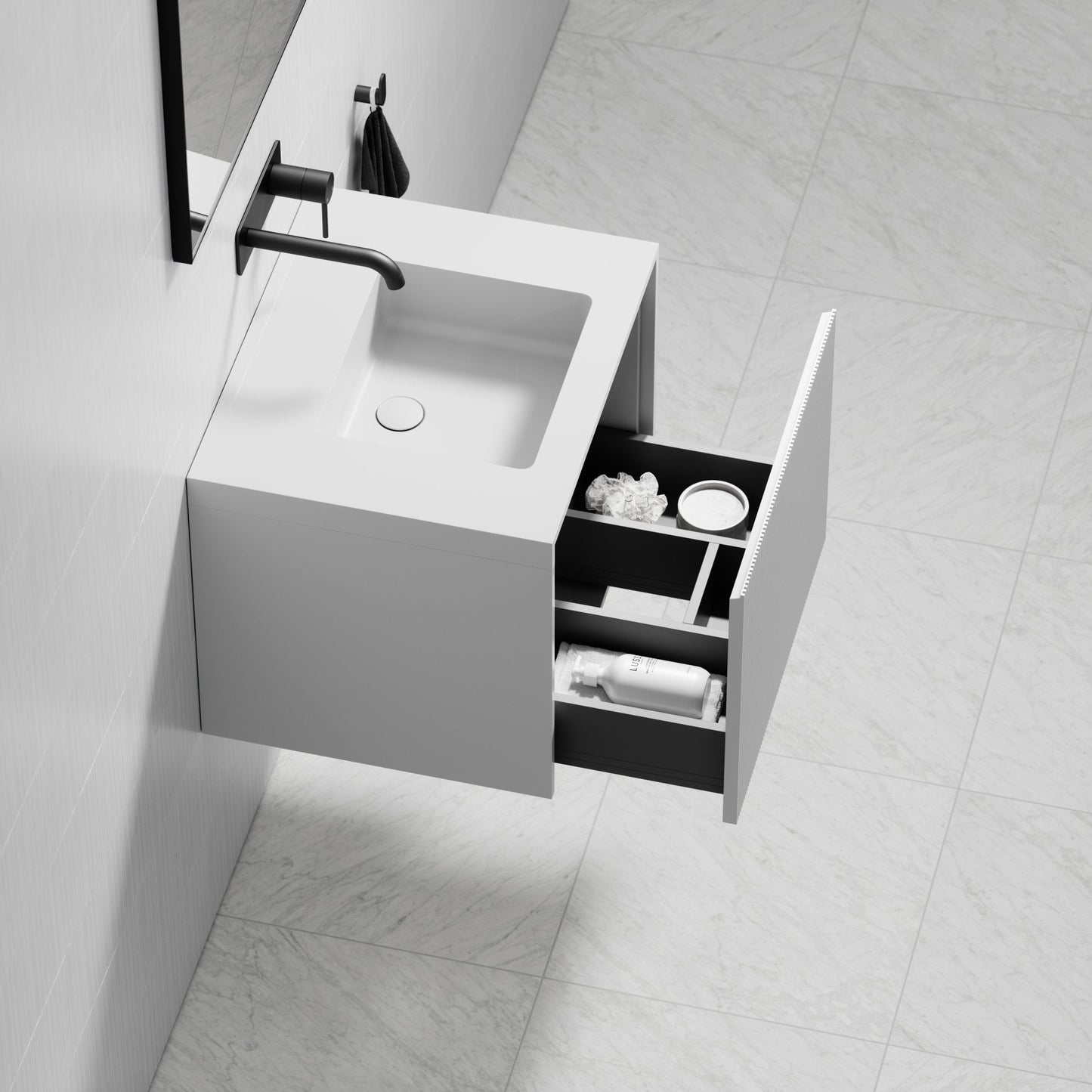 Luv Matte White Fluted Vanity Unit with Stone Basin 600 mm