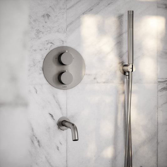 Luxe Brushed Stainless 3 Way Thermostatic Shower with Handheld Shower & Bath Spout