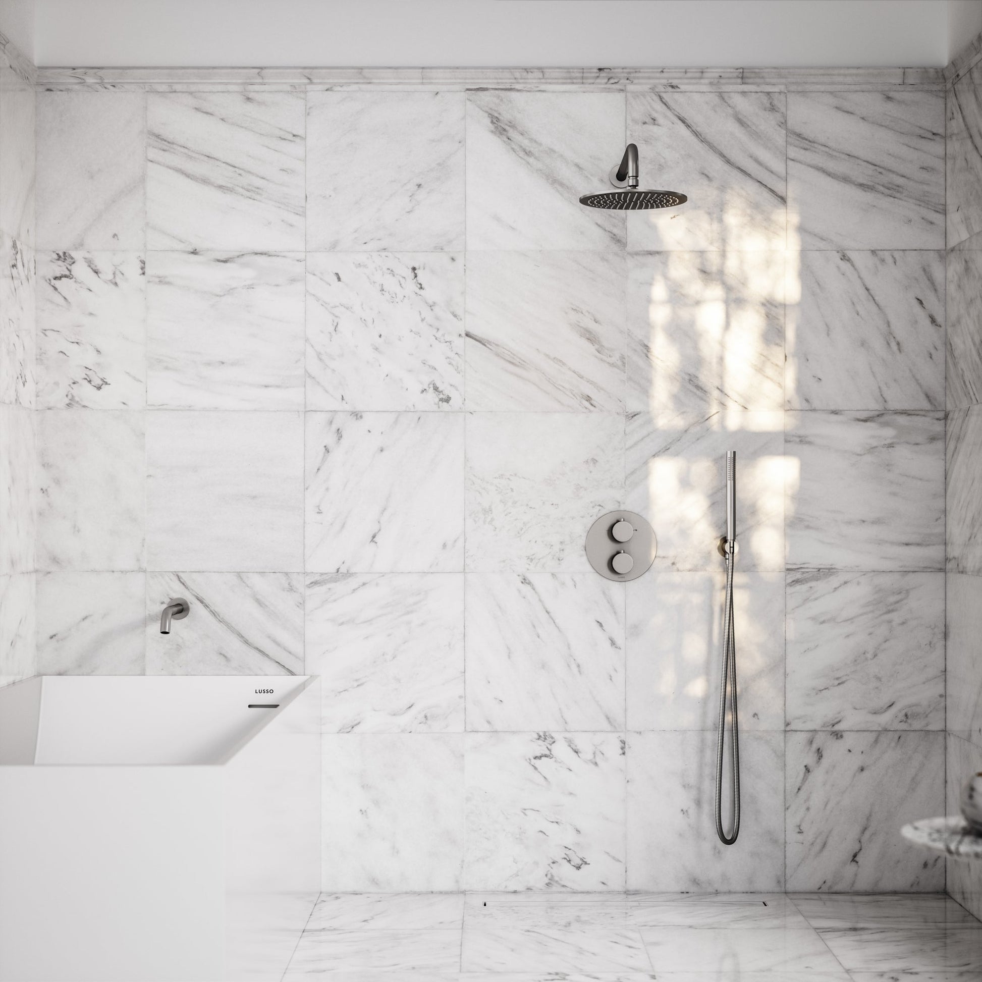 Luxe Brushed Stainless 3 Way Thermostatic Shower with Handheld Shower & Bath Spout