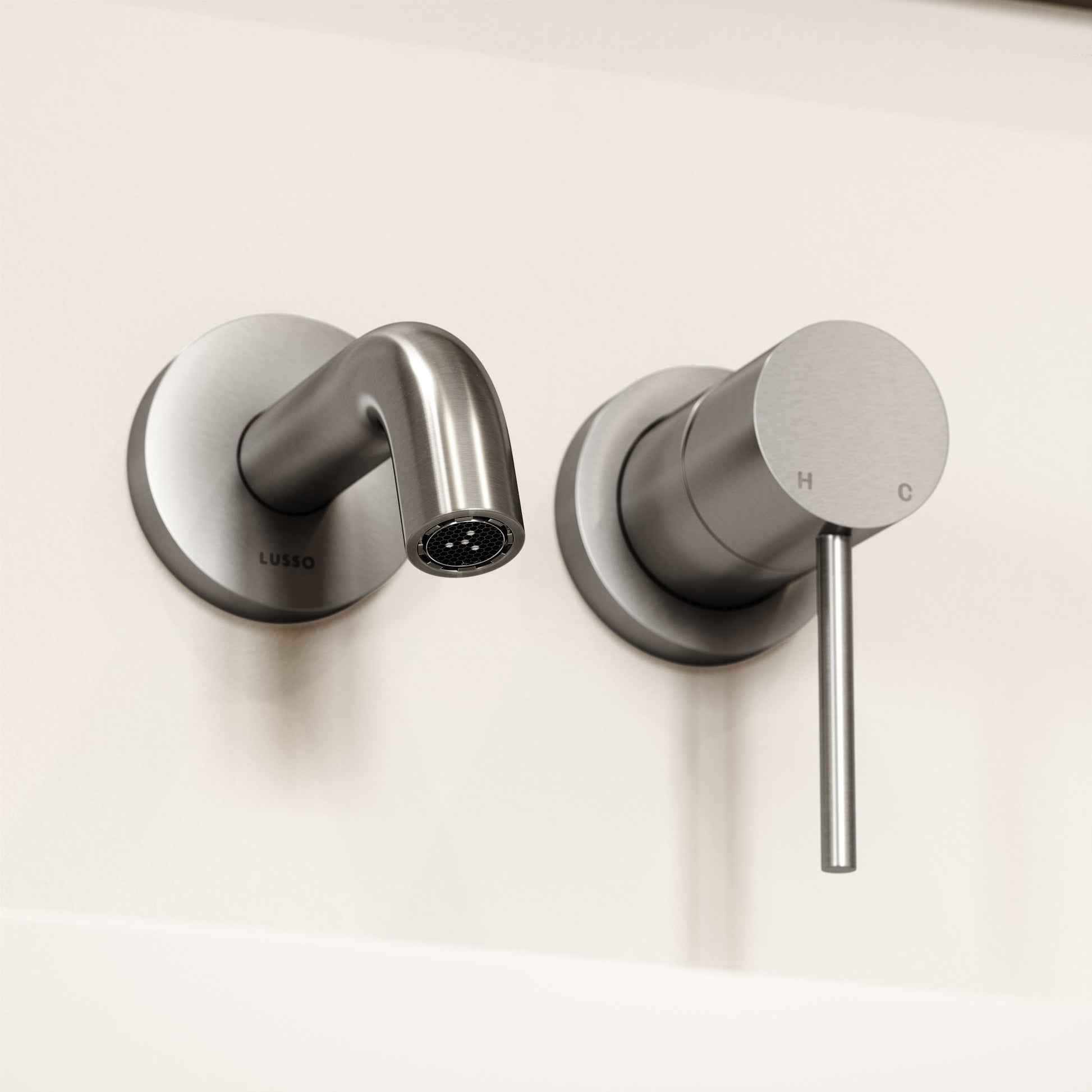 Luxe Brushed Stainless Short Projection Wall Mounted Basin Mixer Tap
