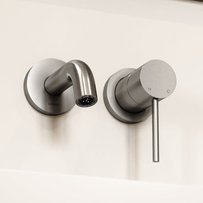 Luxe Brushed Stainless Short Projection Wall Mounted Basin Mixer Tap