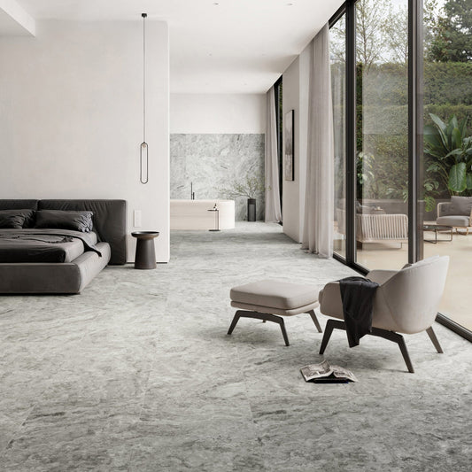 Manzoni Edge Grey Travertine Porcelain Wall or Floor Tile 1200 x 600mm