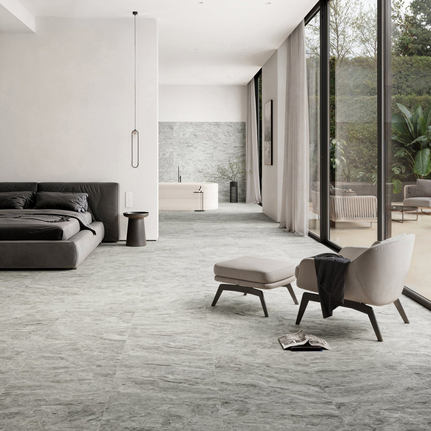 Manzoni Edge Grey Travertine Porcelain Wall or Floor Tile 600 x 600mm