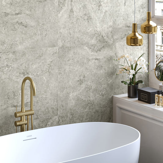 Manzoni Edge Grey Travertine Porcelain Wall or Floor Tile 600 x 600mm