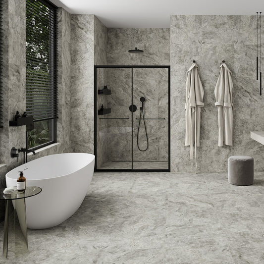 Manzoni Edge Grey Travertine Porcelain Wall or Floor Tile 600 x 600mm
