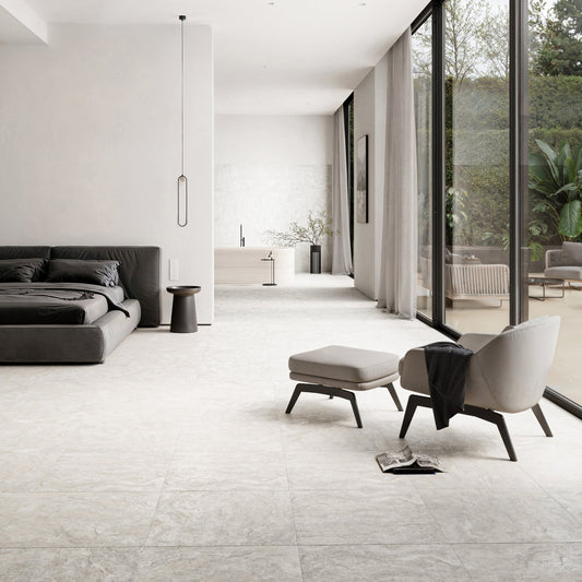 Manzoni White Travertine Porcelain Wall or Floor Tile 600 x 600mm