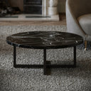 Nazzano Nero Marquina Marble Round Coffee Table with Black Legs