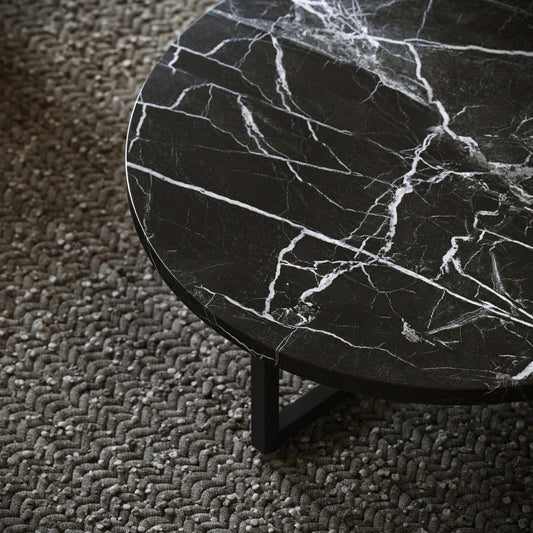 Nazzano Nero Marquina Marble Round Coffee Table with Black Legs