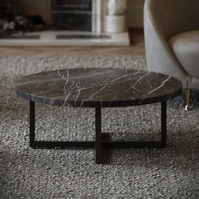 Nazzano Pietra Grey Marble Round Coffee Table with Black Legs