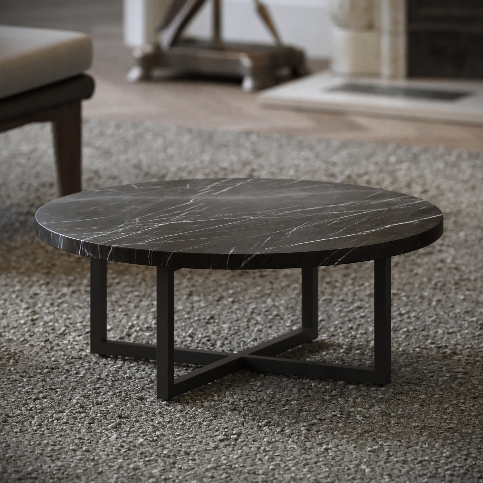 Nazzano Pietra Grey Marble Round Coffee Table with Black Legs