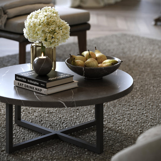 Nazzano Pietra Grey Marble Round Coffee Table with Black Legs