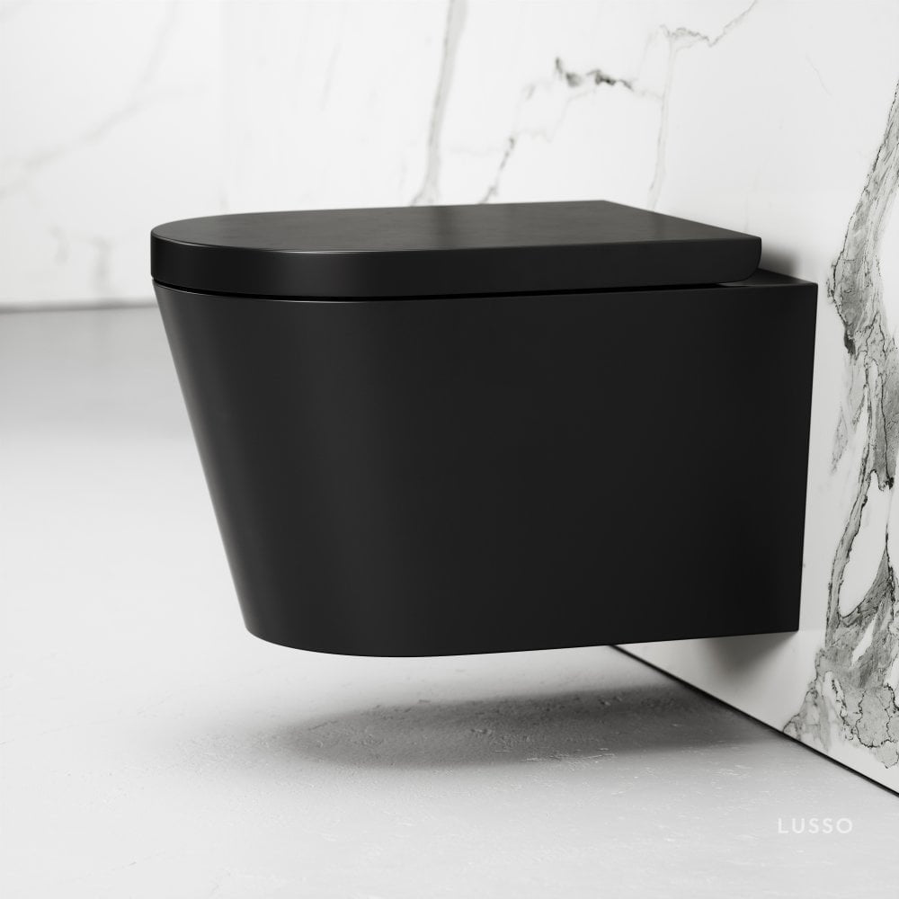 Nera Matte Black Wall Hung Rimless Toilet with Concealed Cistern Frame and Gunmetal Flush Plate