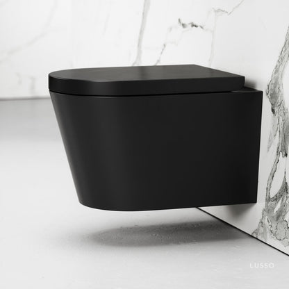 Nera Matte Black Wall Hung Rimless Toilet with Concealed Cistern Frame and Gunmetal Flush Plate
