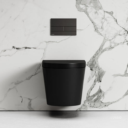 Nera Matte Black Wall Hung Rimless Toilet With Concealed Cistern Frame And Square Flush Plate