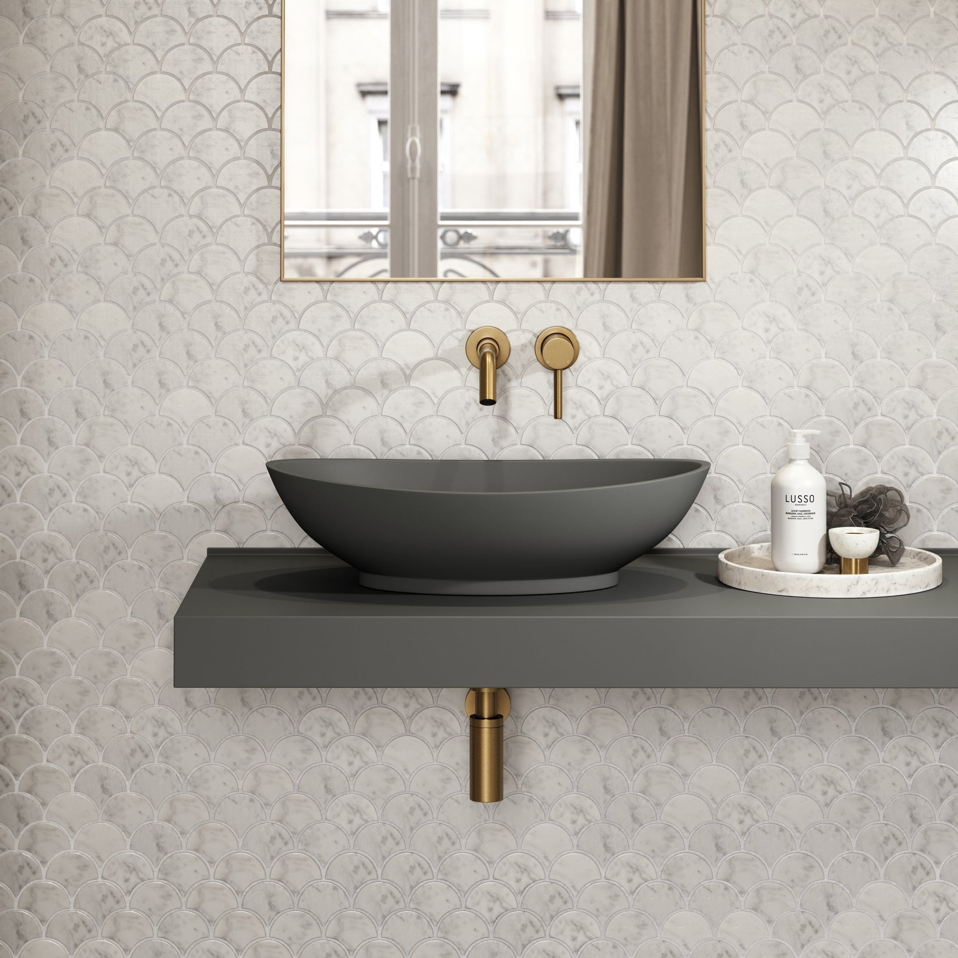 Oasis Stone Basin 600mm & Stone Wall Hung Countertop Basin Shelf Set