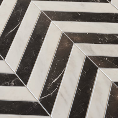 Palazzo Chevron Carrara & Nero Marquina Marble Mosaic Wall or Floor Tile