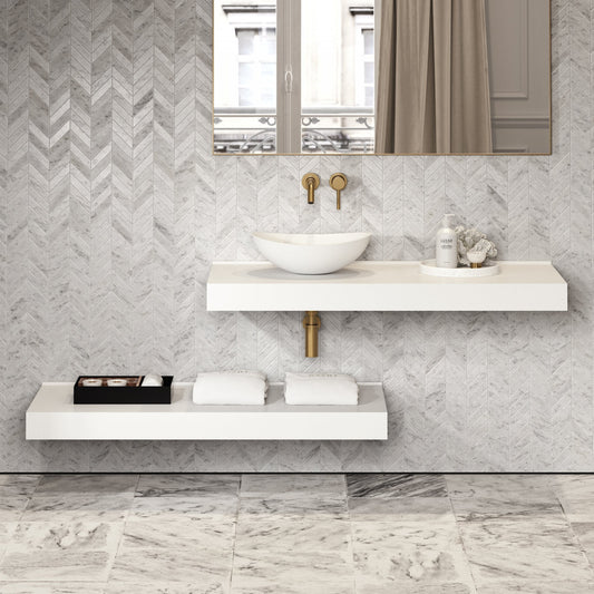 Stone Wall Hung Countertop Basin Shelf & Towel Shelf (1200mm Wide - Matte/Polished White)