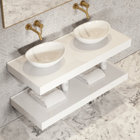 Stone Wall Hung Countertop Basin Shelf & Towel Shelf (1400mm Wide - Matte/Polished White)