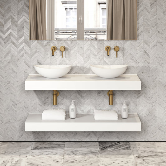 Stone Wall Hung Countertop Basin Shelf & Towel Shelf (1400mm Wide - Matte/Polished White)