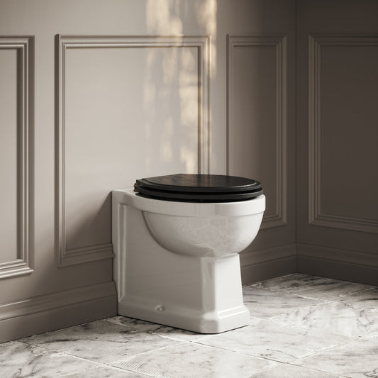 Portland Back to Wall Traditional Toilet with Solid Oak Matte Black seat (Brushed Gold Fittings)