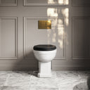 Portland Back To Wall Traditional Toilet With Solid Oak Matte Black Seat with Concealed Cistern and Brushed Gold Flush Plate