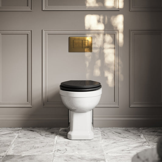 Portland Back To Wall Traditional Toilet With Solid Oak Matte Black Seat with Concealed Cistern and Brushed Gold Flush Plate