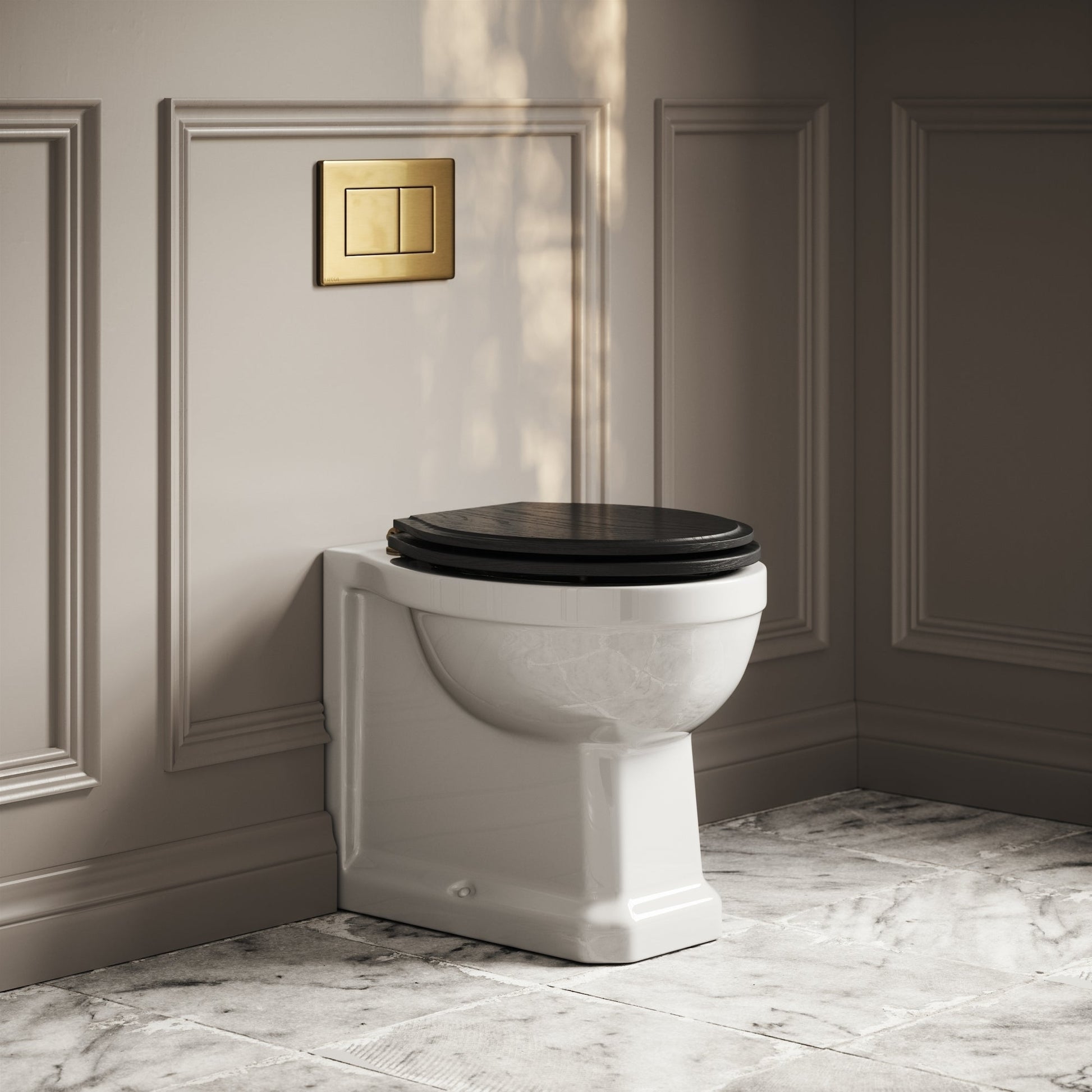 Portland Back To Wall Traditional Toilet With Solid Oak Matte Black Seat with Concealed Cistern and Brushed Gold Flush Plate