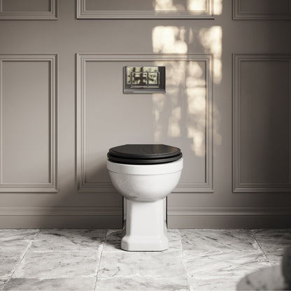Portland Back To Wall Traditional Toilet With Solid Oak Matte Black Seat with Concealed Cistern and Chrome Flush Plate