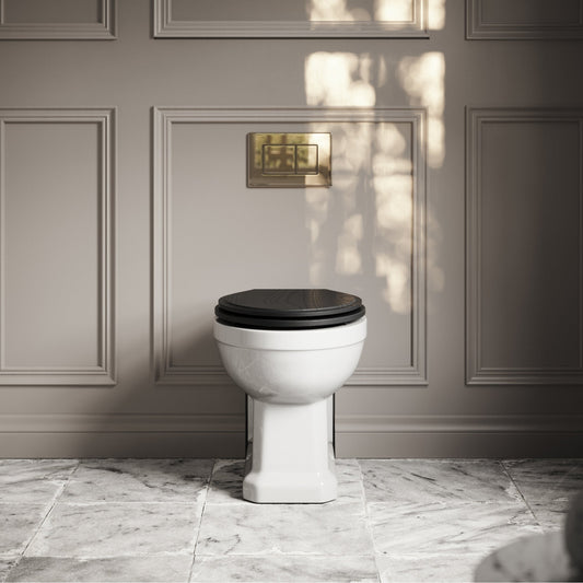 Portland Back To Wall Traditional Toilet With Solid Oak Matte Black Seat with Concealed Cistern and Polished Nickel Flush Plate