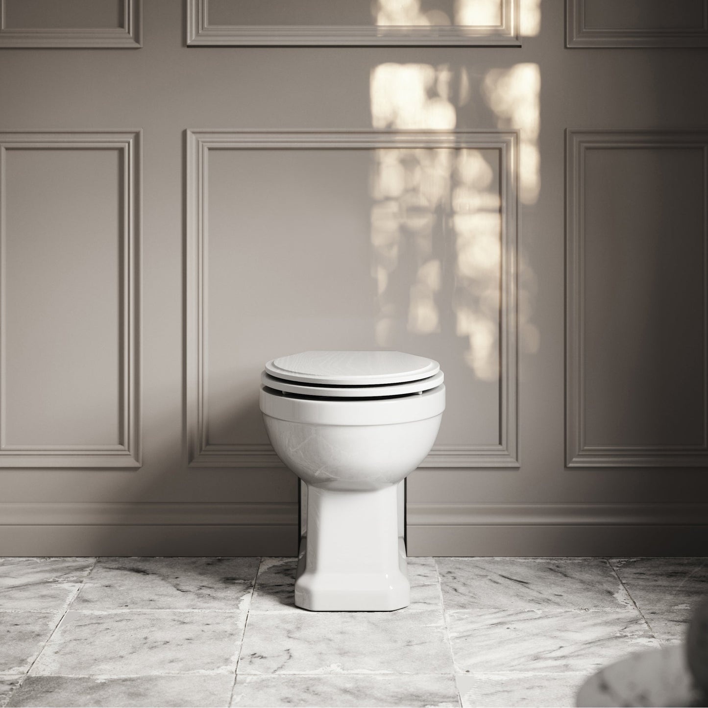 Portland Back to Wall Traditional Toilet with Solid Oak Matte White seat (Brushed Gold Fittings)