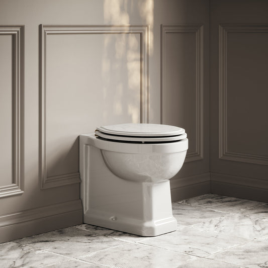 Portland Back to Wall Traditional Toilet with Solid Oak Matte White seat (Brushed Gold Fittings)