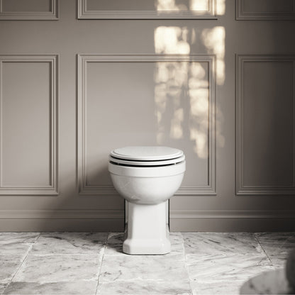 Portland Back to Wall Traditional Toilet with Solid Oak Matte White seat (Polished Nickel Fittings)