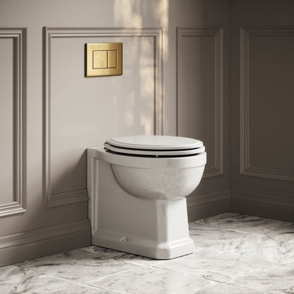 Portland Back To Wall Traditional Toilet With Solid Oak Matte White Seat with Concealed Cistern and Brushed Gold Flush Plate