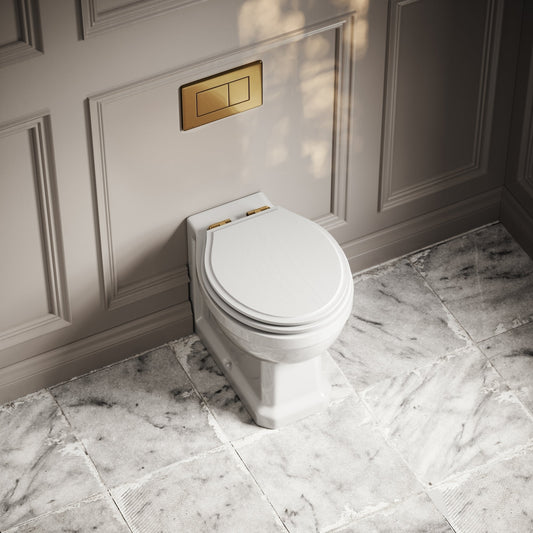 Portland Back To Wall Traditional Toilet With Solid Oak Matte White Seat with Concealed Cistern and Brushed Gold Flush Plate