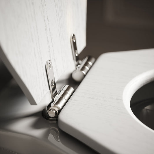 Portland Back To Wall Traditional Toilet With Solid Oak Matte White Seat with Concealed Cistern and Chrome Flush Plate