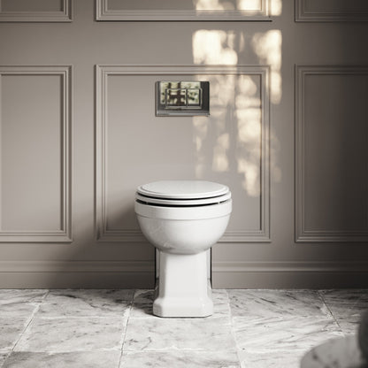 Portland Back To Wall Traditional Toilet With Solid Oak Matte White Seat with Concealed Cistern and Chrome Flush Plate