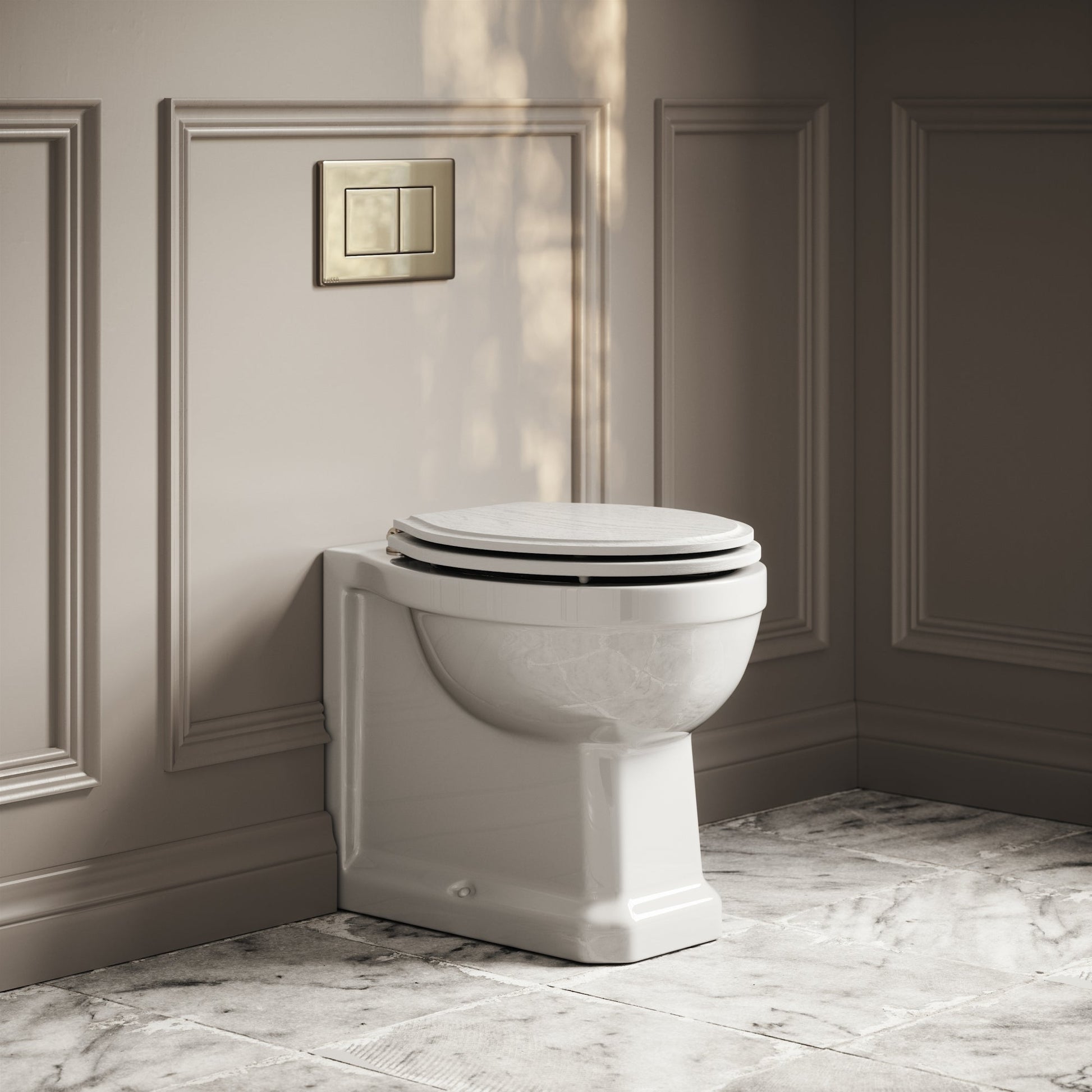 Portland Back To Wall Traditional Toilet With Solid Oak Matte White Seat with Concealed Cistern and Polished Nickel Flush Plate