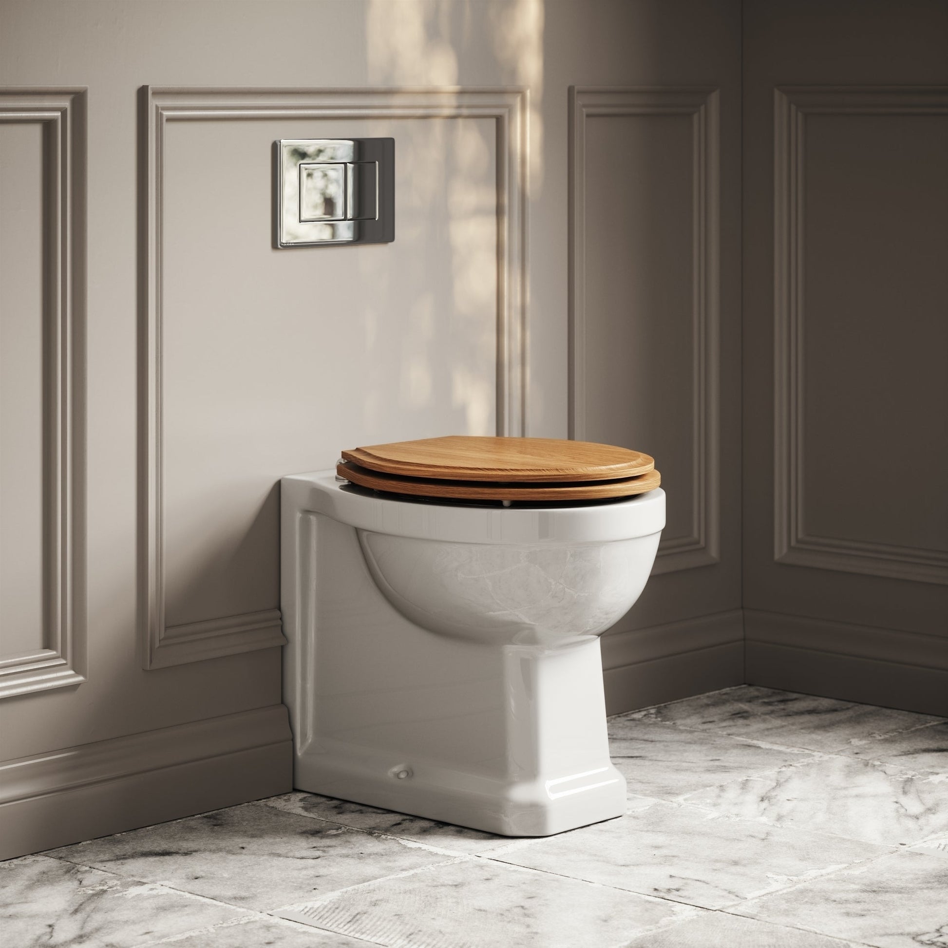 Portland Back To Wall Traditional Toilet With Solid Oak Seat with Concealed Cistern and Chrome Flush Plate