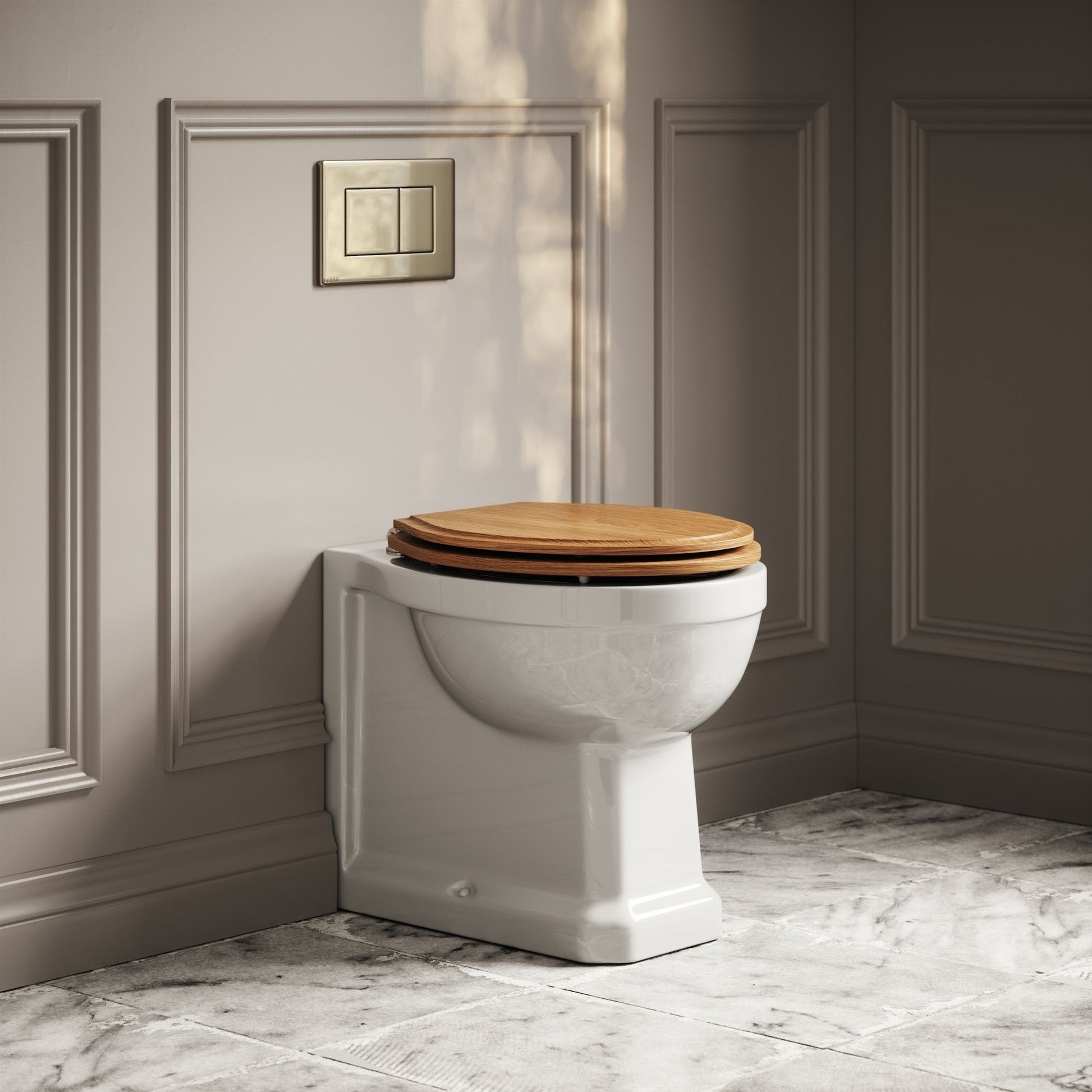 Portland Back To Wall Traditional Toilet With Solid Oak Seat with Concealed Cistern and Polished Nickel Flush Plate