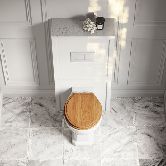 Portland Back To Wall Traditional Toilet With Solid Oak Seat, Concealed Cistern, Flush Plate and Claridge Matte Cream WC Cistern Housing
