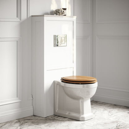 Portland Back To Wall Traditional Toilet With Solid Oak Seat, Concealed Cistern, Flush Plate and Claridge Matte White WC Cistern Housing.