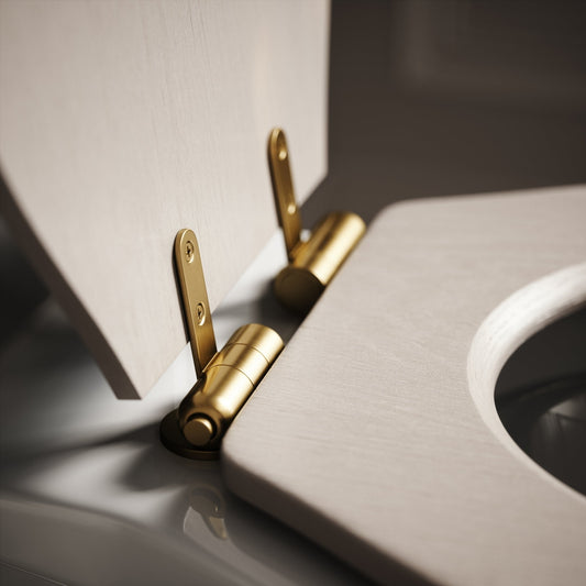 Portland Back To Wall Traditional Toilet With Solid Oak Velvet Beige Seat with Concealed Cistern and Brushed Gold Flush Plate