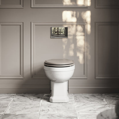Portland Back To Wall Traditional Toilet With Solid Oak Velvet Beige Seat with Concealed Cistern and Chrome Flush Plate