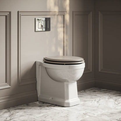 Portland Back To Wall Traditional Toilet With Solid Oak Velvet Beige Seat with Concealed Cistern and Chrome Flush Plate