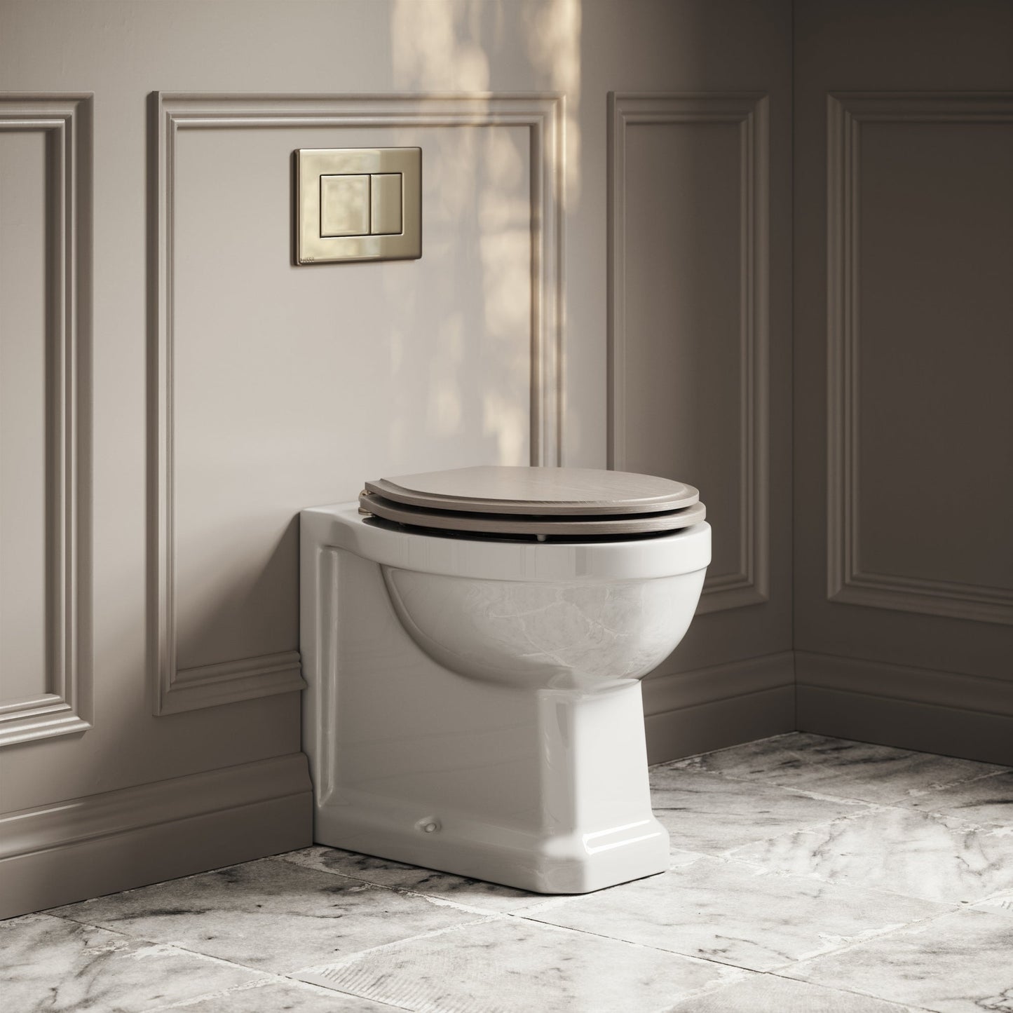 Portland Back To Wall Traditional Toilet With Solid Oak Velvet Beige Seat with Concealed Cistern and Polished Nickel Flush Plate