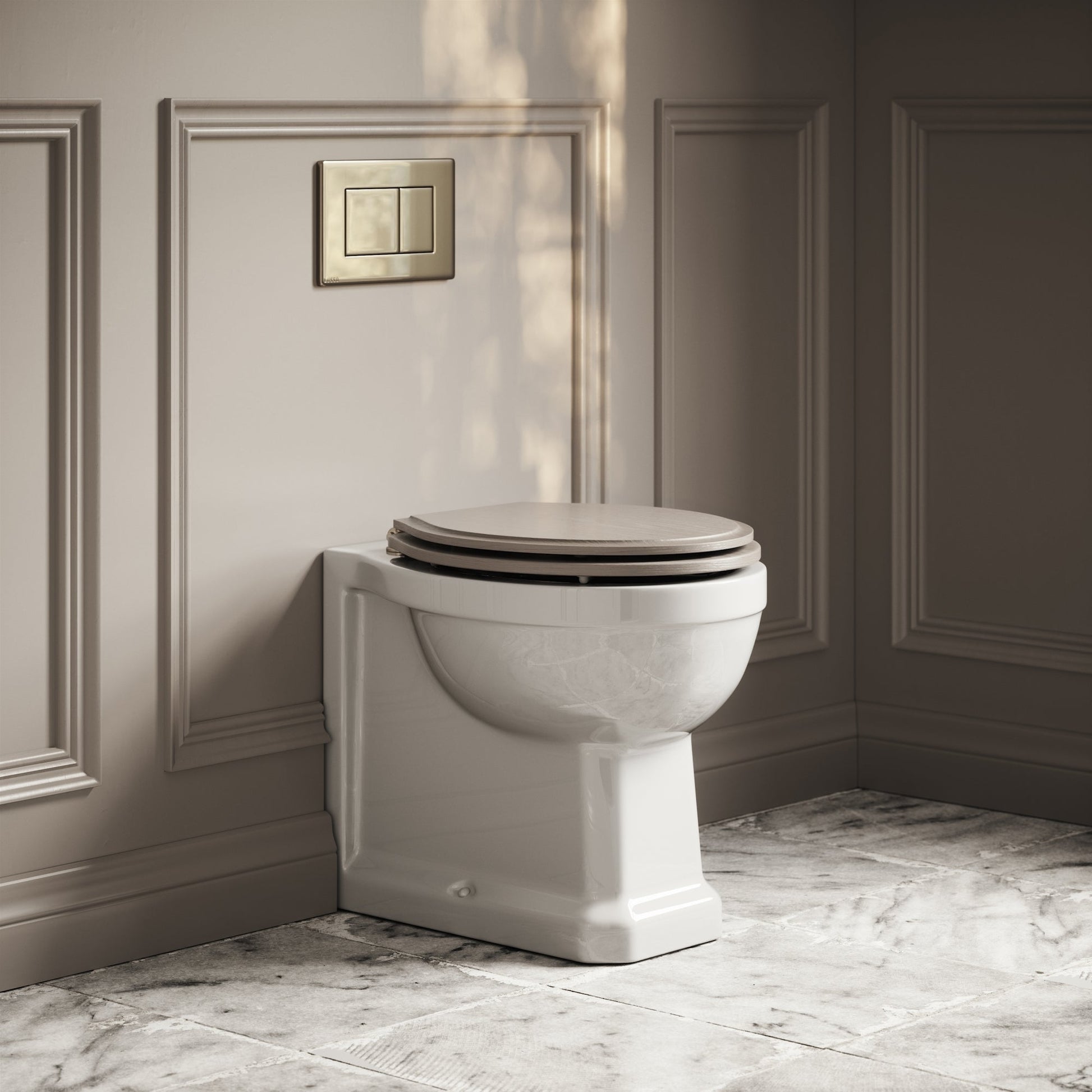 Portland Back To Wall Traditional Toilet With Solid Oak Velvet Beige Seat with Concealed Cistern and Polished Nickel Flush Plate